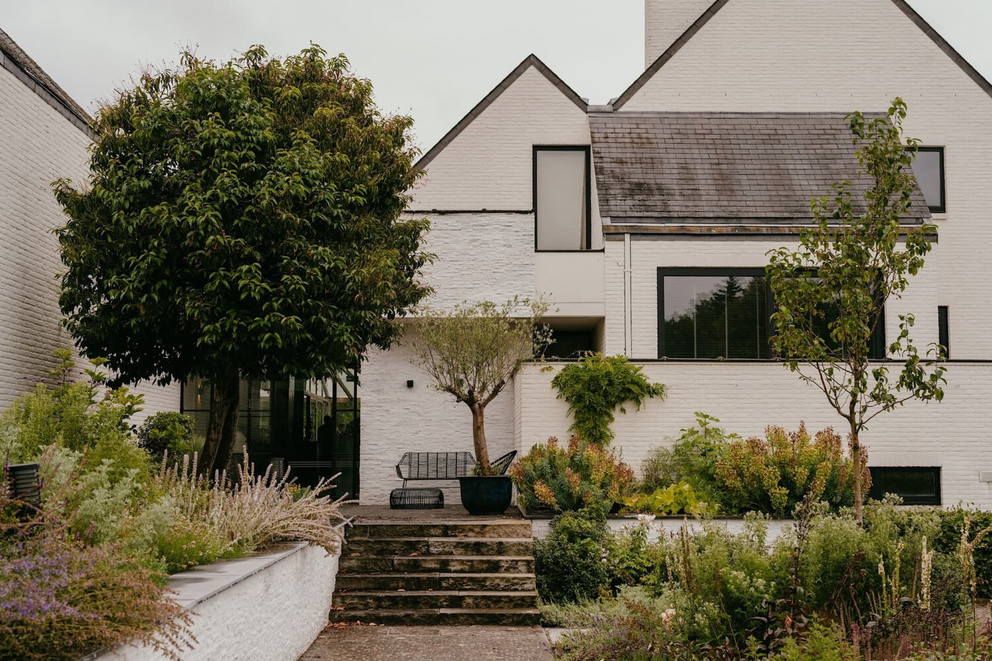 Moderne witte woning met groene planten en bomen in de voortuin, omgeven door een overzichtelijke tuin.