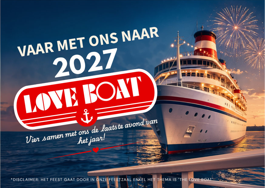 Een groot schip met een feestelijke tekst over een evenement in 2027 met het thema "Love Boat".